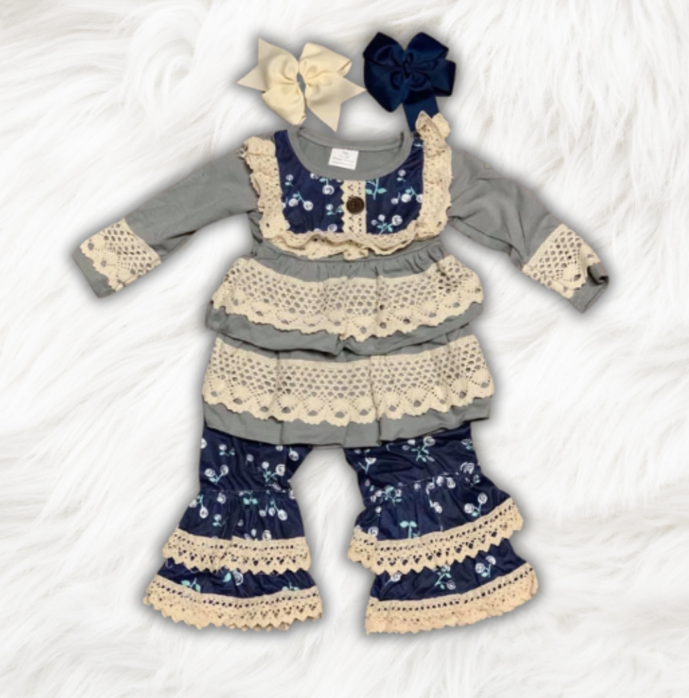 Gray and Navy Ruffles and Lace Set