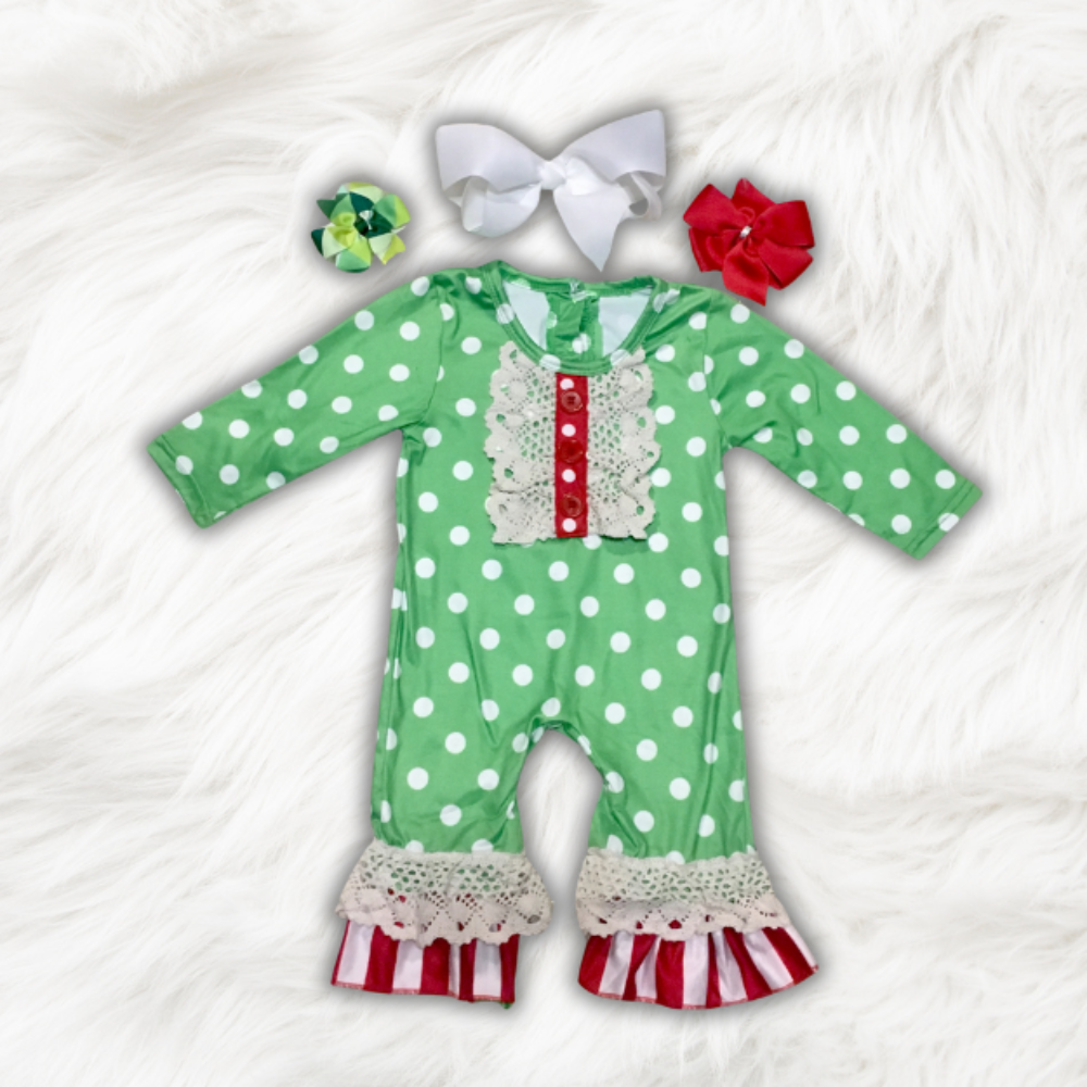 Green dot Ruffle Romper