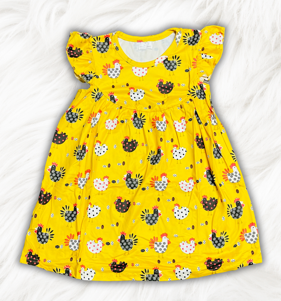 Yellow Chicken Print Pearl Dress