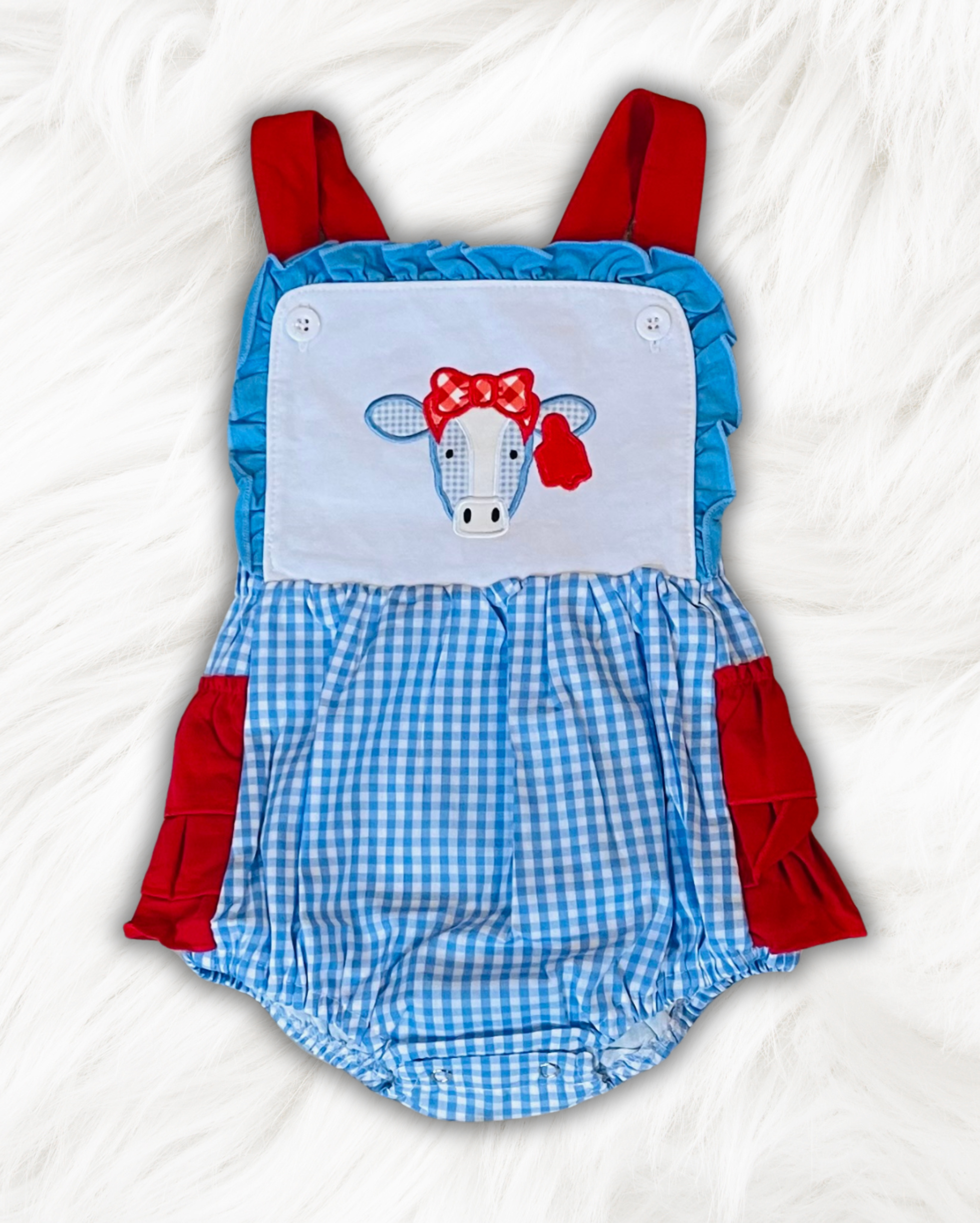 Embroidered Gingham Cow Ruffle Bubble