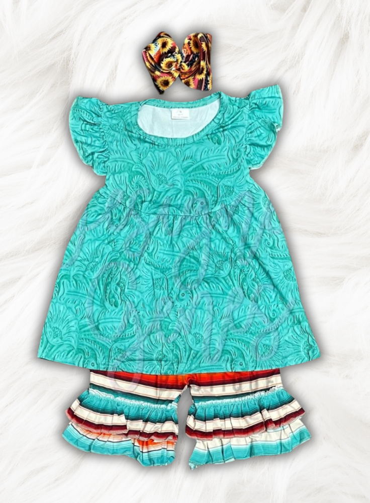 Custom Serape Turquoise Ruffle Shorts Set