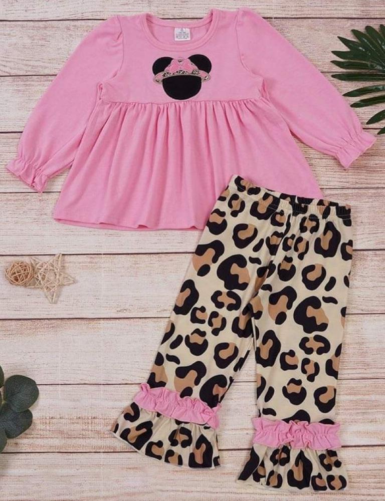 Pink Princess Mouse & Leopard Ruffle Pants Set