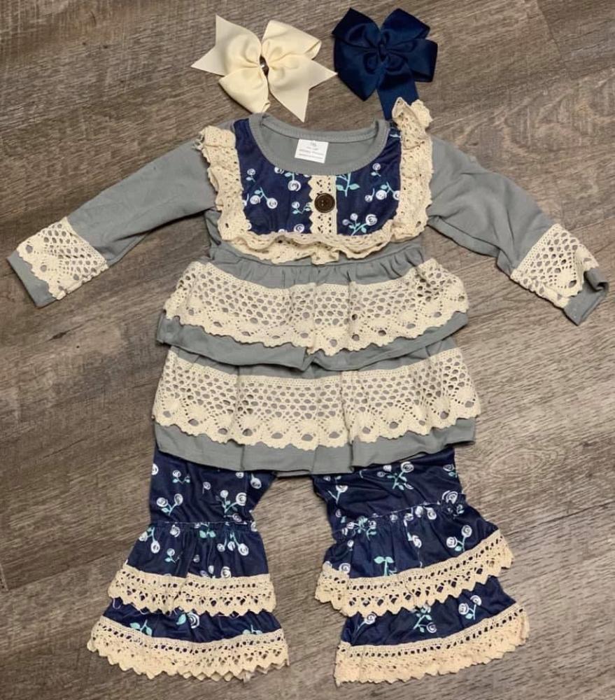 Gray and Navy Ruffles and Lace Set