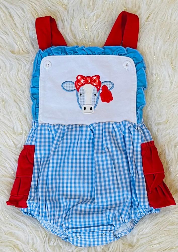 Embroidered Gingham Cow Ruffle Bubble