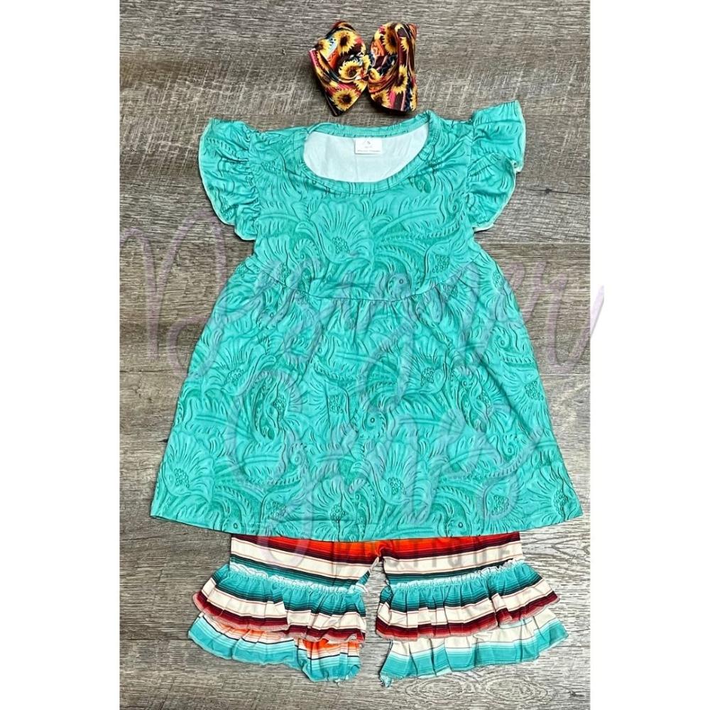 Custom Serape Turquoise Ruffle Shorts Set