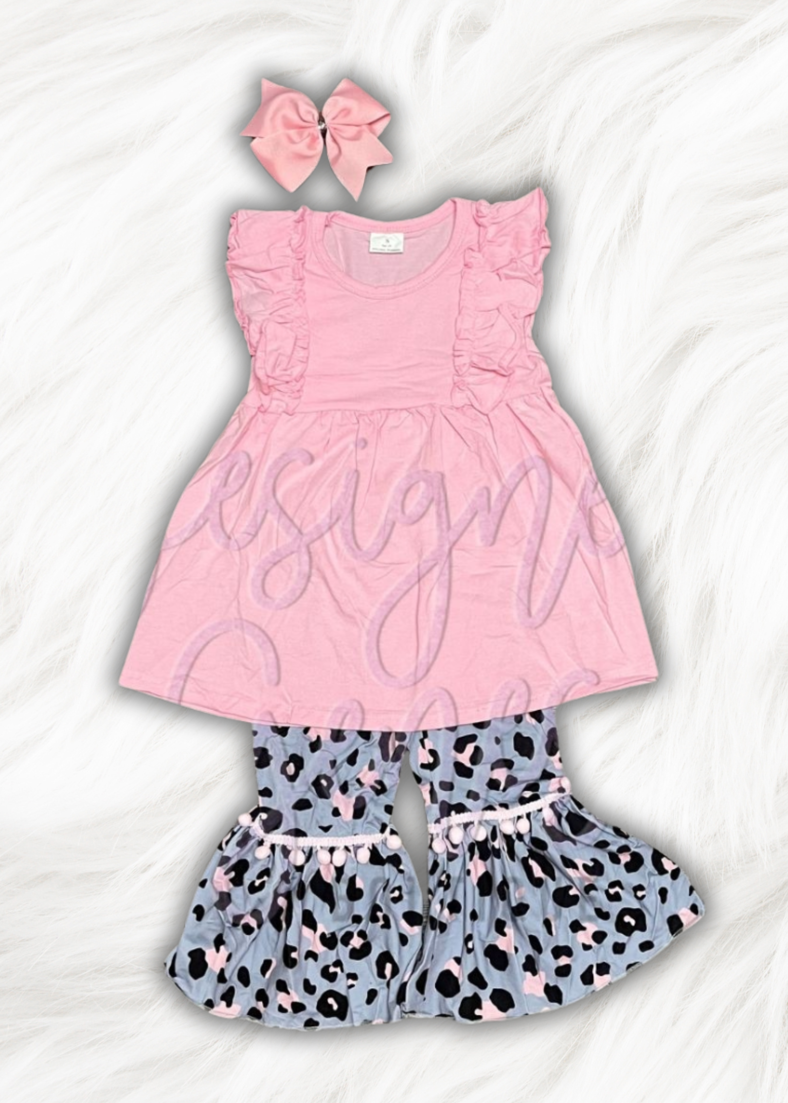 Custom Designed Pink and Gray Leopard Pom Pant Set