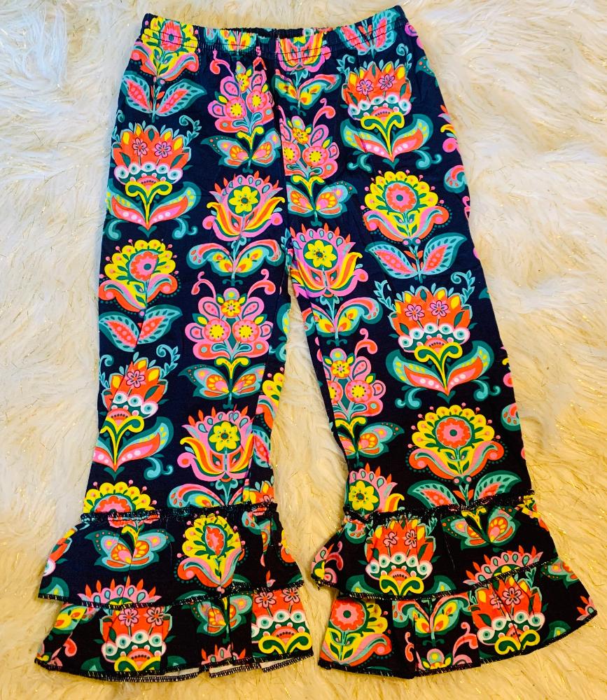 Navy Floral Ruffle Pants