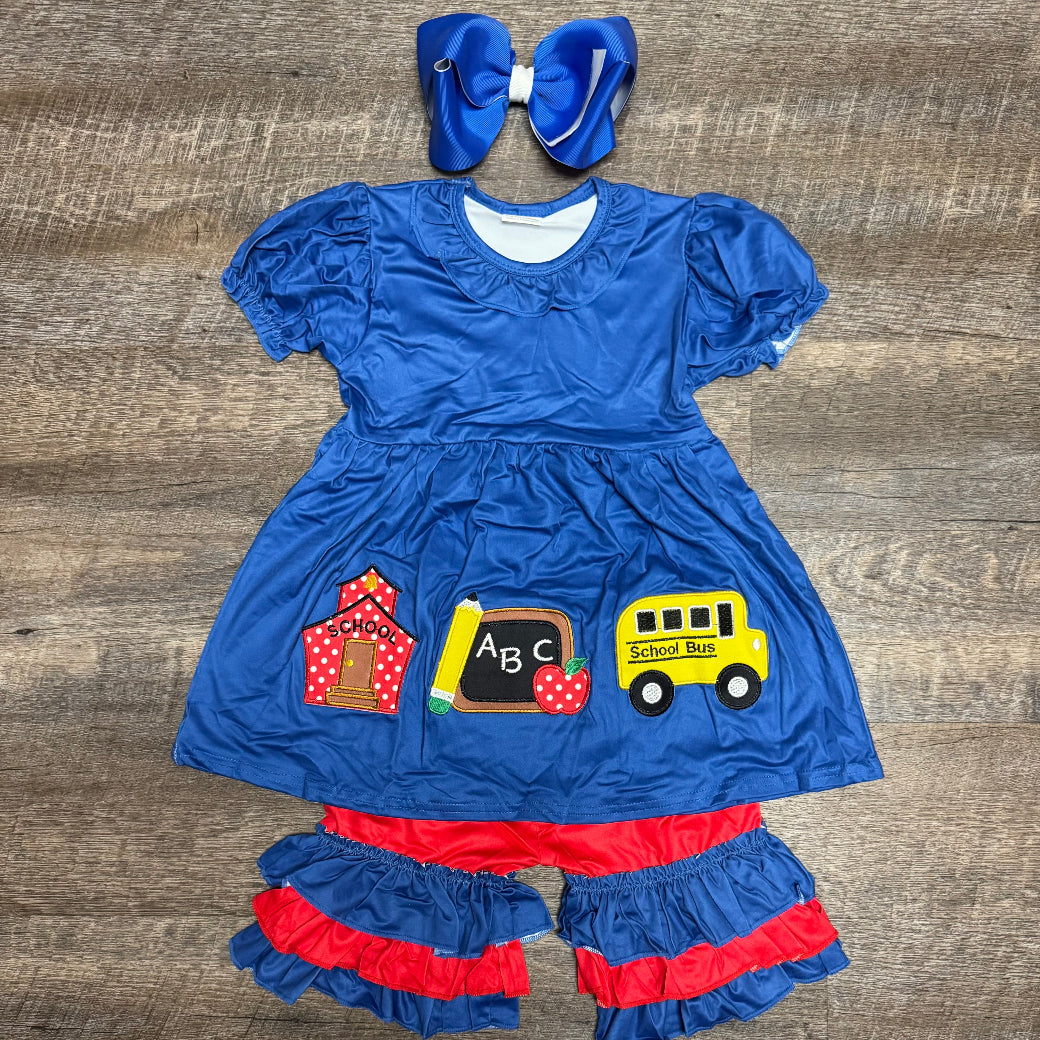 Back to School Ruffle Set – Blue Apple &amp; Bus Embroidery