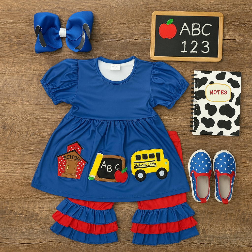 Back to School Ruffle Set – Blue Apple &amp; Bus Embroidery