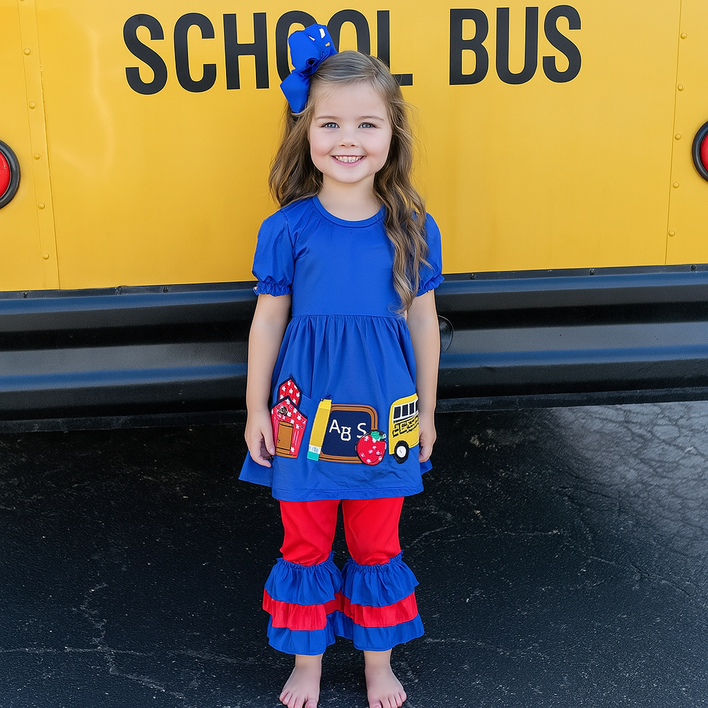 Back to School Ruffle Set – Blue Apple &amp; Bus Embroidery