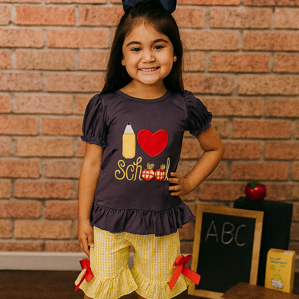 Young girl wearing a 'I love school' shirt with a brick wall background